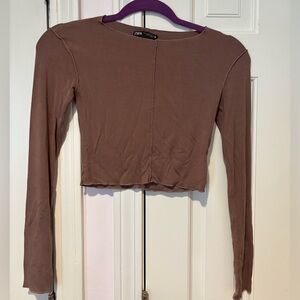Zara Brown Fitted Crop Long Sleeve